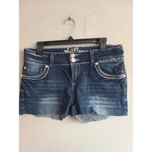 Women's junior size 9 Wallflower dark wash denim jean shorts cutoff gem accent